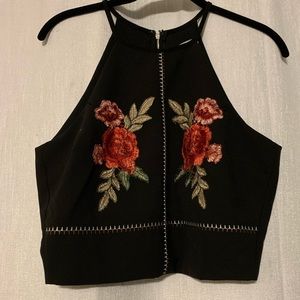 Black crop top with rose embroidery